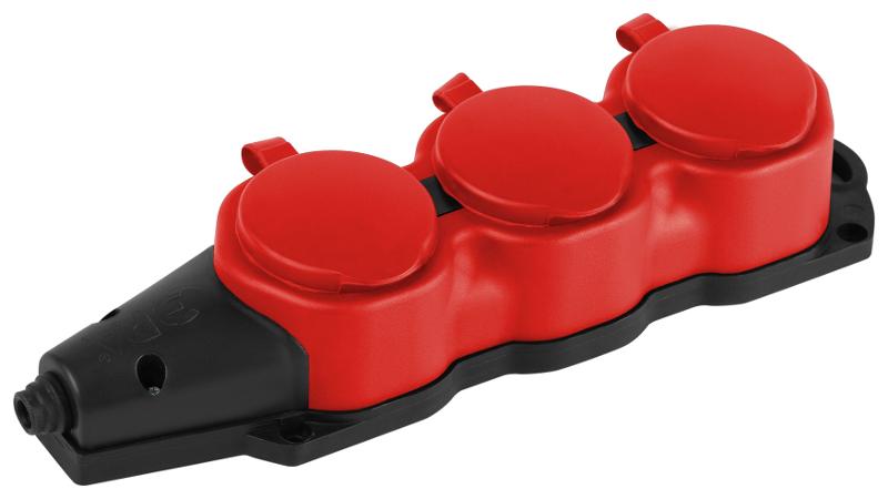 Колодка  KX-3e-RED-IP44 каучуковая с заземлением 3 розетки 16A IP44 красная