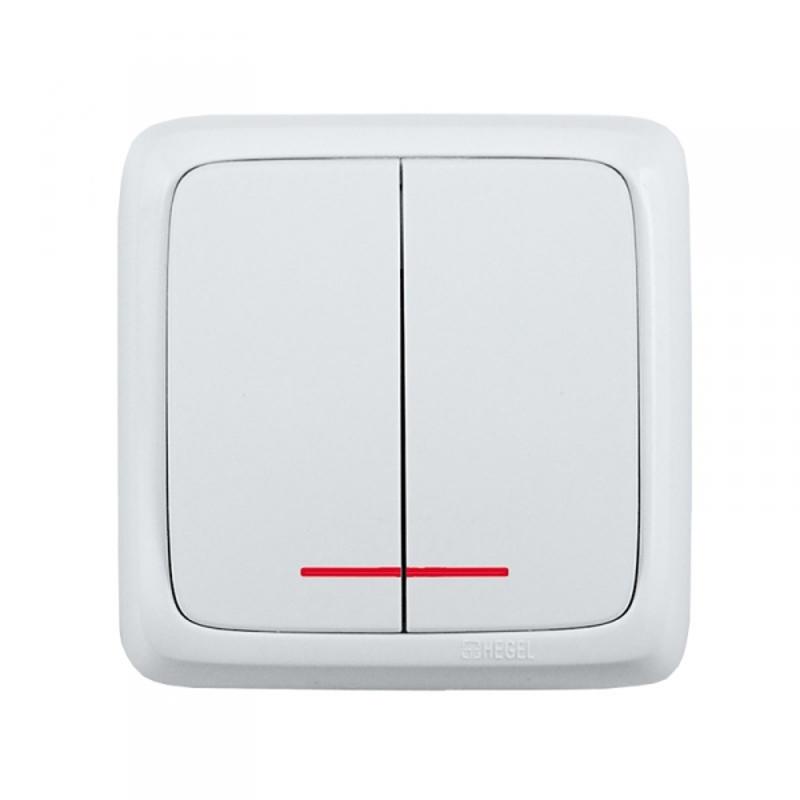 Выключатель открытой установки, двухклавишный, с индикацией, с изолирующей пластиной, цвет белый