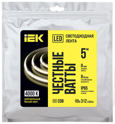 Лента светодиодная 5м COB 312LED/м 8Вт/м IP65 ширина 8мм 24В нейтральный белый IEK