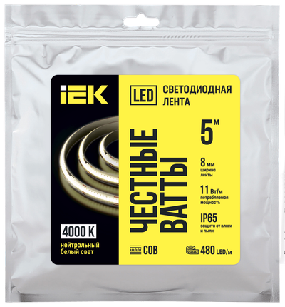 Лента светодиодная 5м COB 480LED/м 11Вт/м IP65 ширина 8мм 24В нейтральный белый IEK