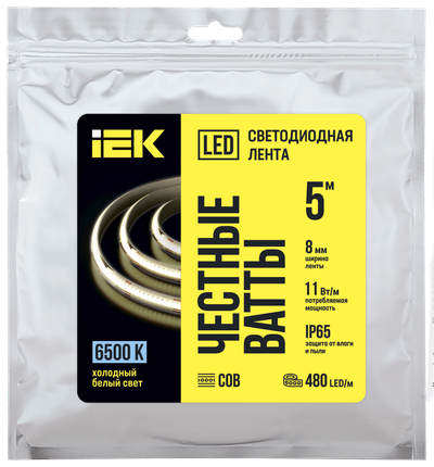 Лента светодиодная 5м COB 480LED/м 11Вт/м IP65 ширина 8мм 24В холодный белый IEK